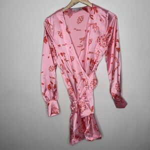 Never Fully Dressed Pink Satin La Mer Wrap Long Sleeve Dress Women's 6 Vacation